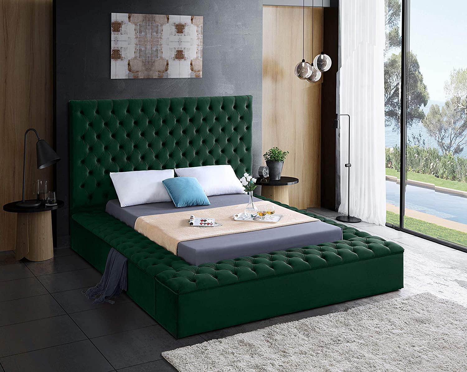 【Furniture】Contemporary Velvet Upholstered Bed with Deep Button Tufting & Storage Compartments