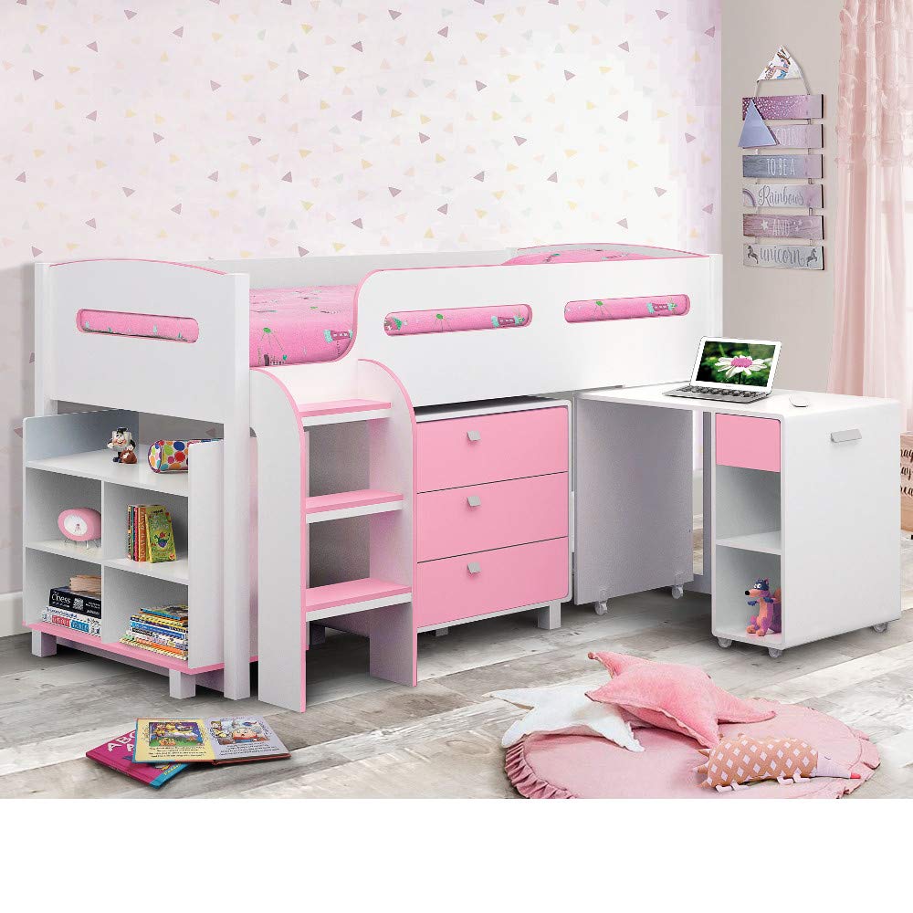 【Furniture】Kids Mid Sleeper Bed, Wood Contemporary Desk Drawers Shelf Storage Bed with Pocket Sprung Mattress