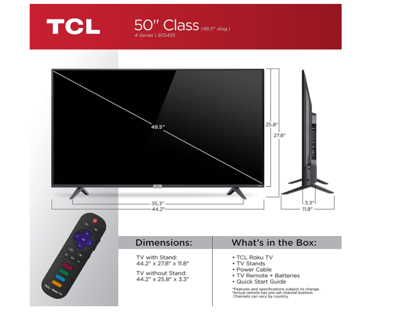TCL 50-inch 4-Series 4K UHD Smart Roku LED TV - 50S435,2021 model