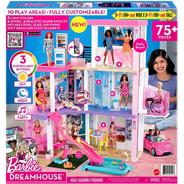 Barbie Dreamhouse (3.75-ft) 3-Story Dollhouse Playset with Pool & Slide, Party Room, Elevator, Puppy Play Area, Customizable Lights & Sounds, 75+ Pieces, Gift for 3 to 7 Year Olds, New for 2021