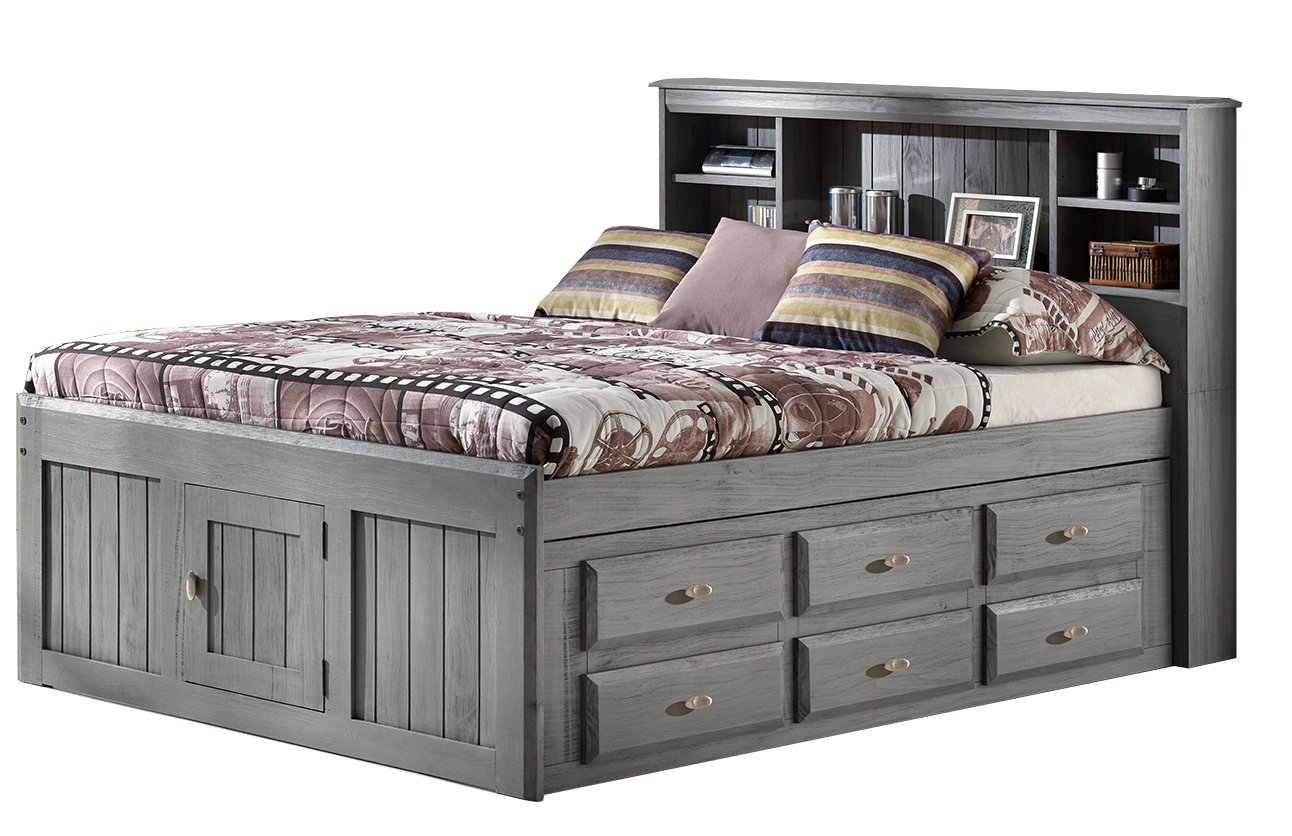 【Furniture】Charcoal Full Bookcase Bed with 12 Drawers