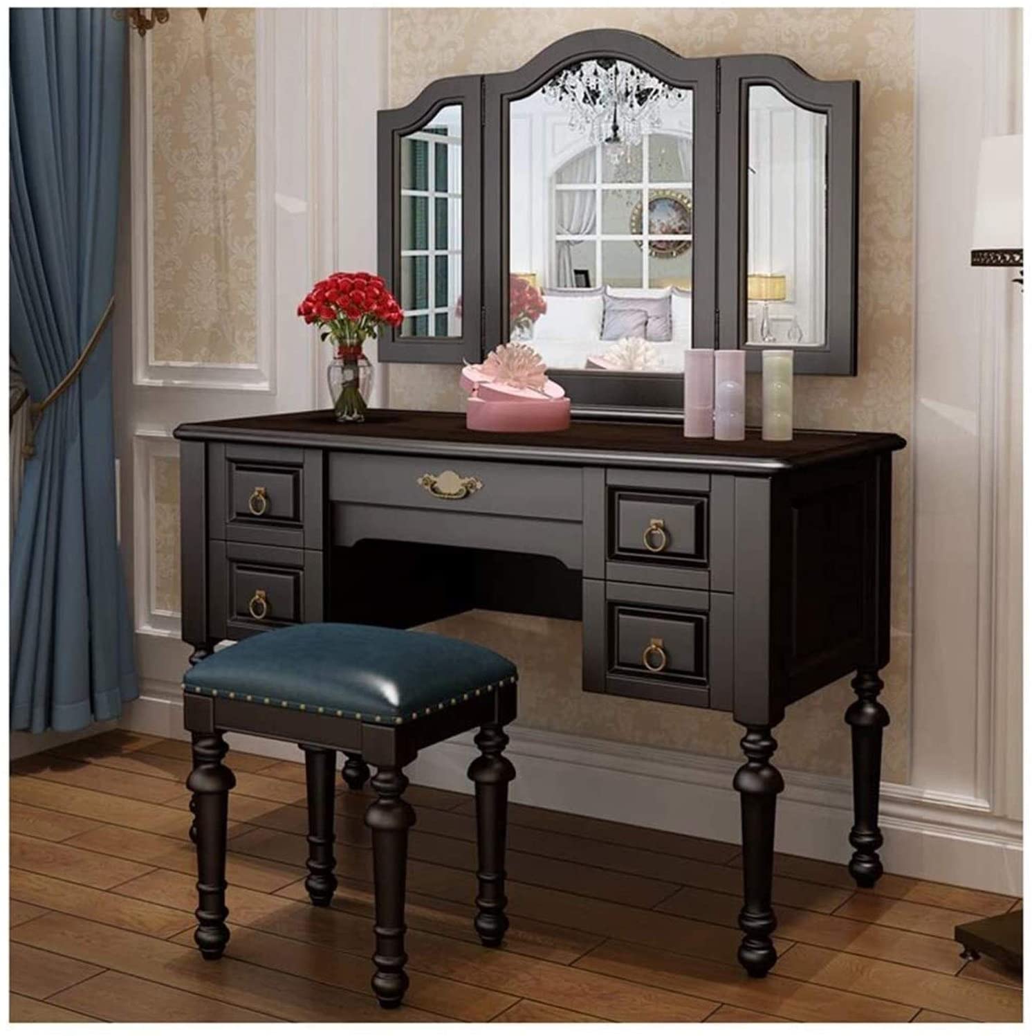 LXYYY Best Design Vanity Benches Home Vintage Style Dressing Table Padded Stool Oval Mirror Drawers 23pc Set 47.2x21.6x29.5 n