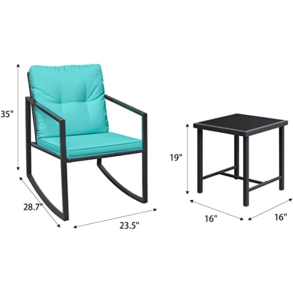 Greesum 3 Pieces Rocking Wicker Bistro Set, Patio Outdoor Furniture Conversation Sets with Porch Chairs and Glass Coffee Table, Beige