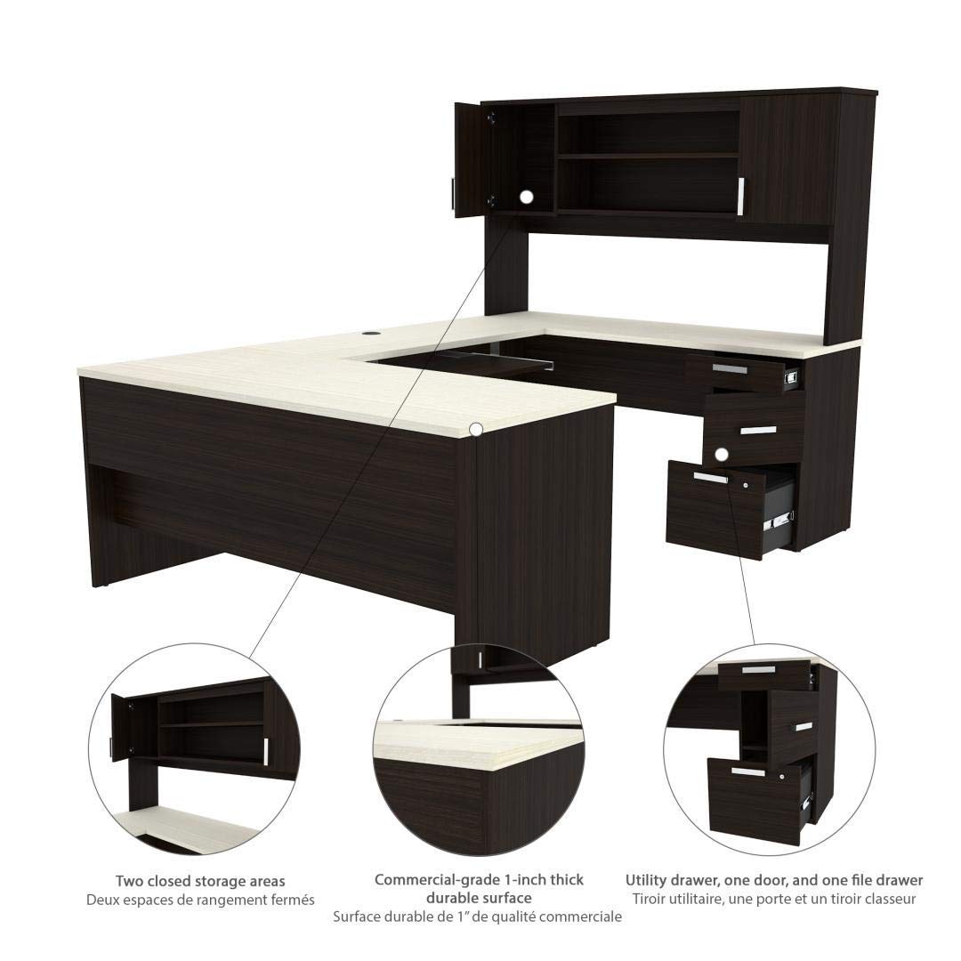 【Furniture】Bestar Ridgeley U-Shaped Executive Desk with Pedestal and Hutch, 65W, White Chocolate