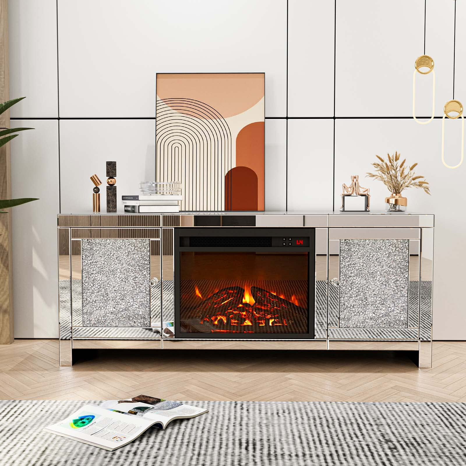 【Furniture】Mirrored Fireplace TV Stand, Mirrored Media Entertainment Center for TV up to 55 inch