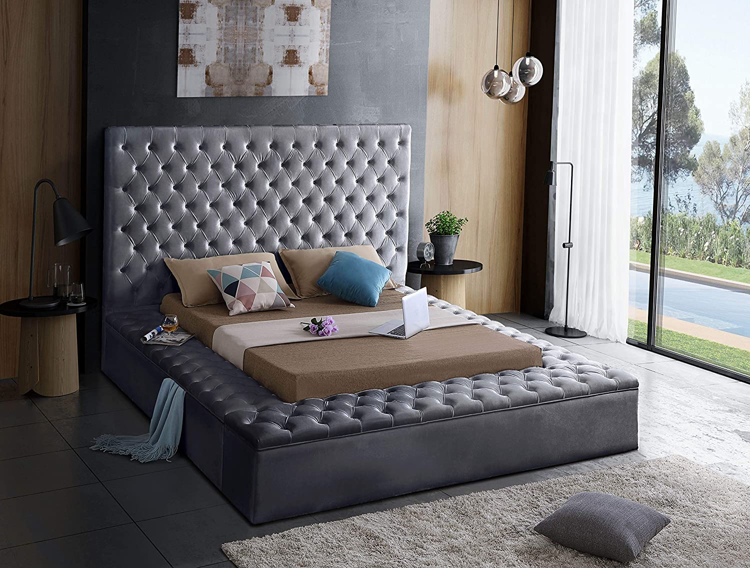 【Furniture】Contemporary Velvet Upholstered Bed with Deep Button Tufting & Storage Compartments