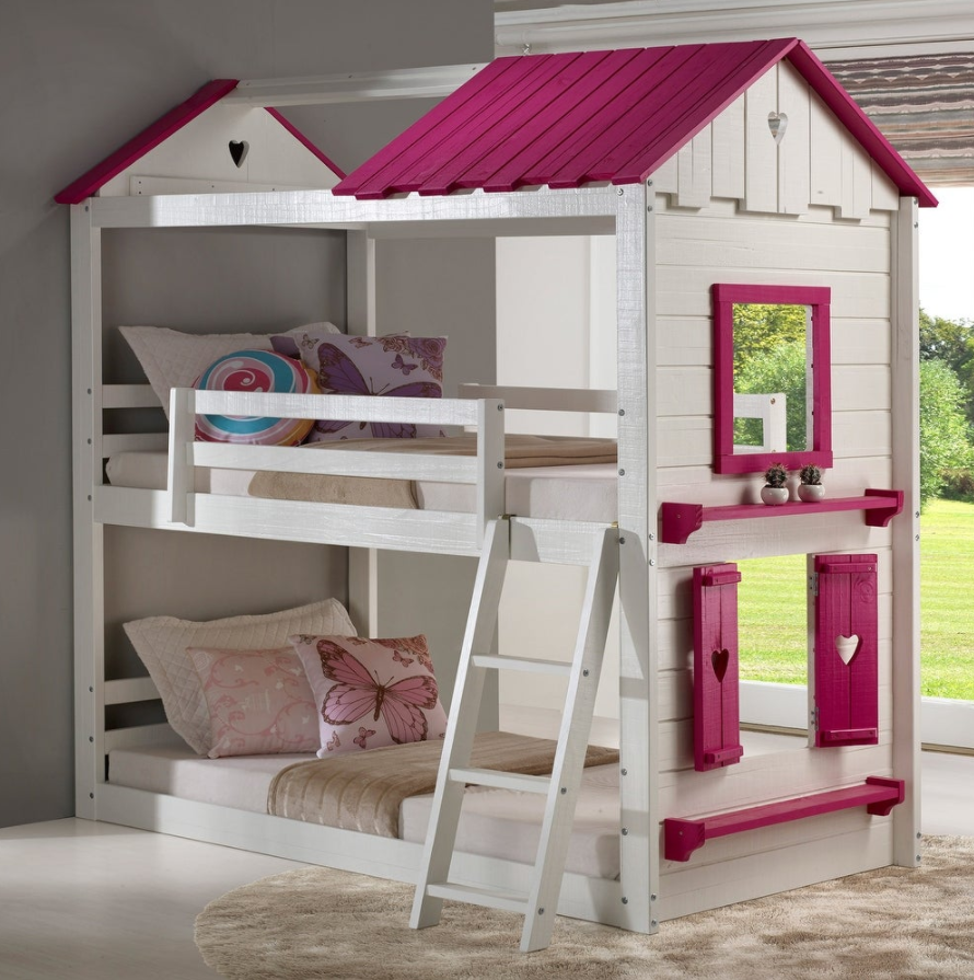 Sweetheart White and Pink Twin over Twin Bunk Bed with Tent