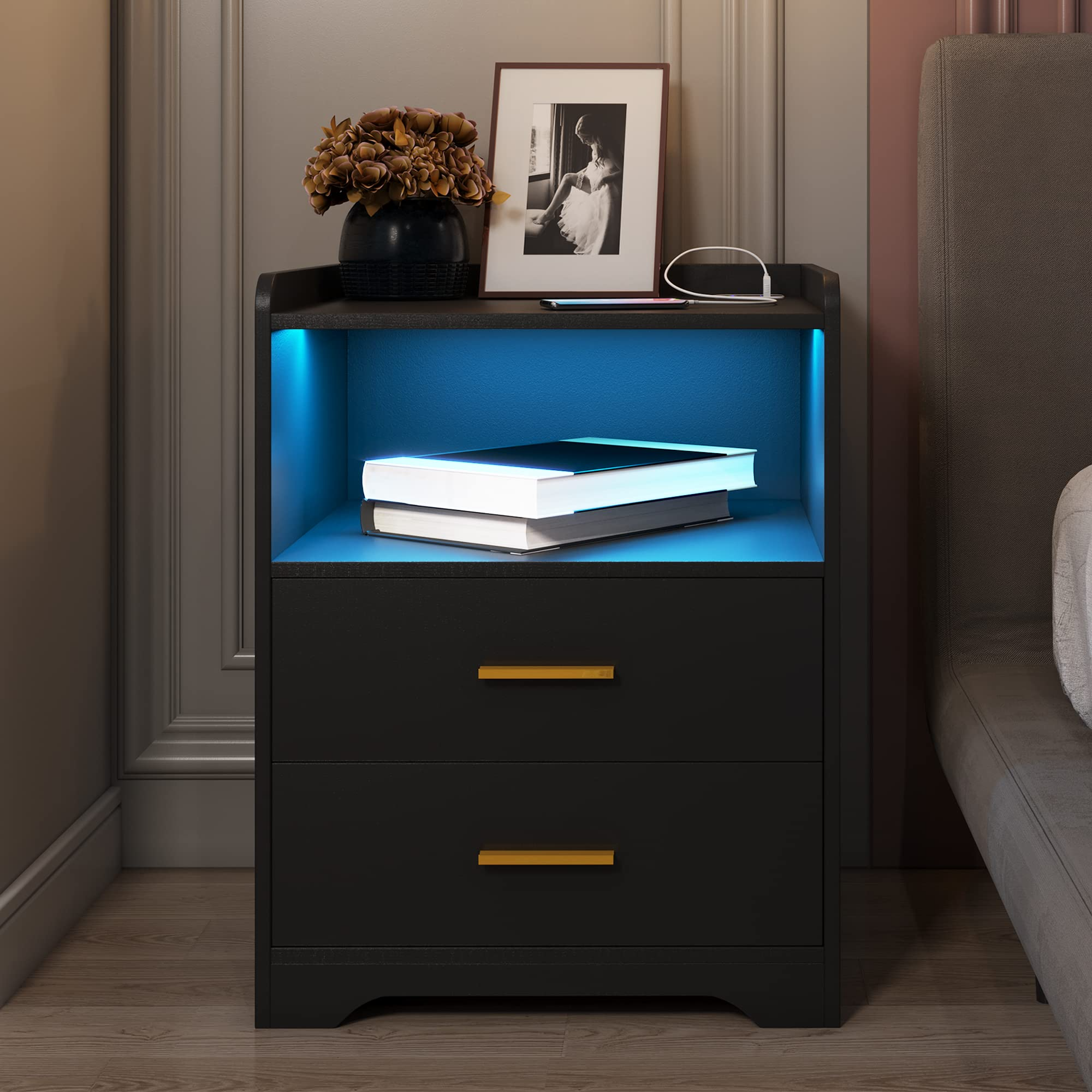 【Furniture】Black Nightstand with Charging Station, Night Stands with 2 Drawers, Smart Nightstand Bedside Table Led