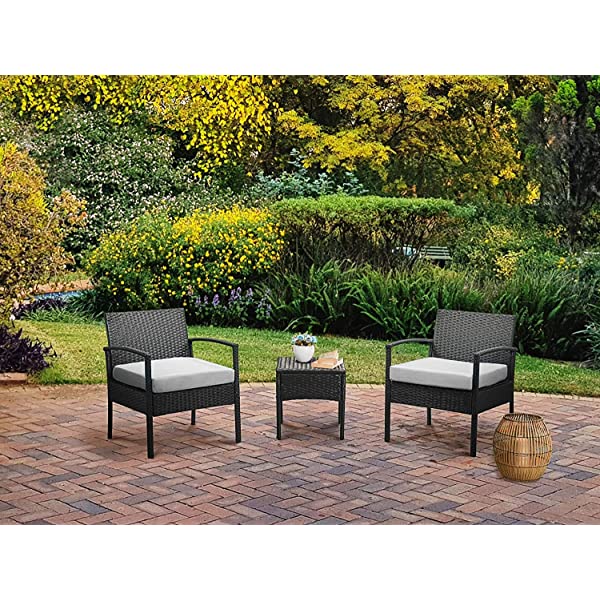 PROHIKER 3 PCS Patio Rattan Conversation Chair Set, 3 PCS Patio Wicker Rattan Furniture Set, Patio Wicker Rattan Table Brown