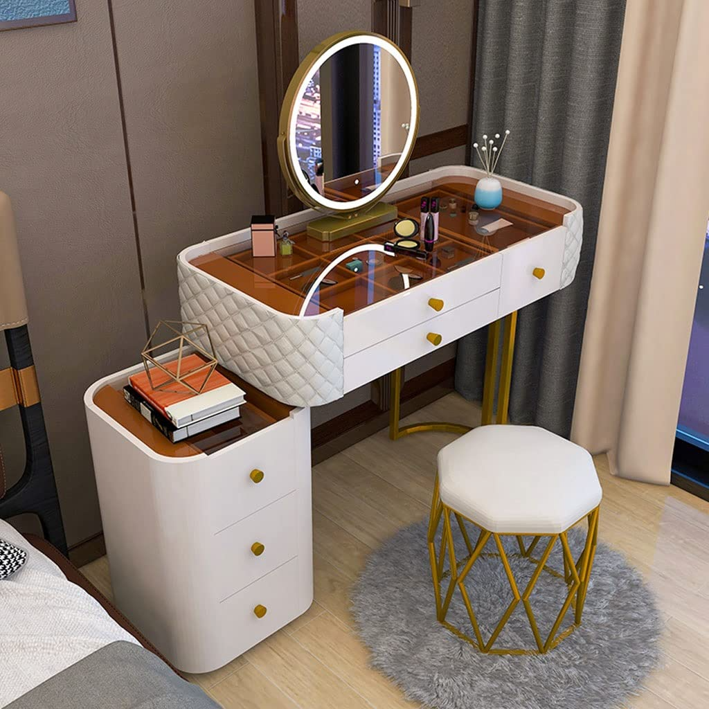 【Furniture】Bedroom Table Dresser Modern Glass Vanity Table with Storage Cabinet, Stool, Mirror