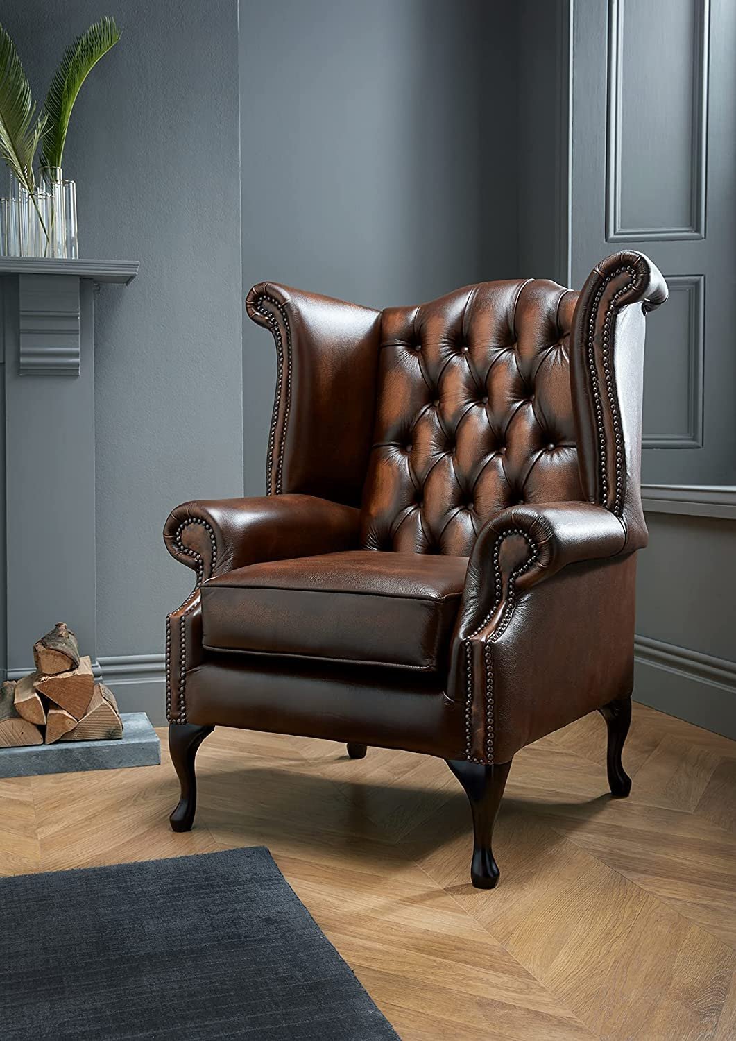 Chesterfield Genuine Antique Leather Queen Anne Chair (3 Colour Options) (Green)
