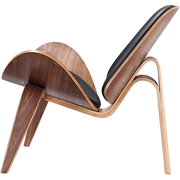 Rimdoc Three-Legged Shell Chair Mid Century Modern Lounge Chair with Black Leather Molded Plywood Accent Chair Reading Side Chair for Bedroom, Study, Office, Living Room (Black Walnut Wood)