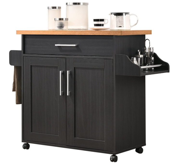 Hodedah Kitchen Island with Spice Rack, Towel Rack & Drawer, Black with Beech Top