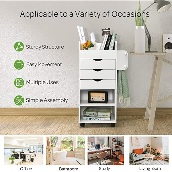Tangkula Rolling Storage Drawer Cart, Wooden Utility Cart w/ 3 Drawers, 3 Shelves, 3 Slots and 2 Dowels, Organizer Cabinet w/ Lockable Casters, Mobile Cart for Study, Living Room, Office, White