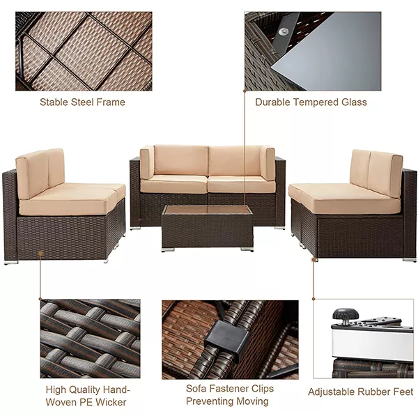 7 PIECE OUTDOOR PATIO FURNITURE SET, PE RATTAN WICKER SOFA SET