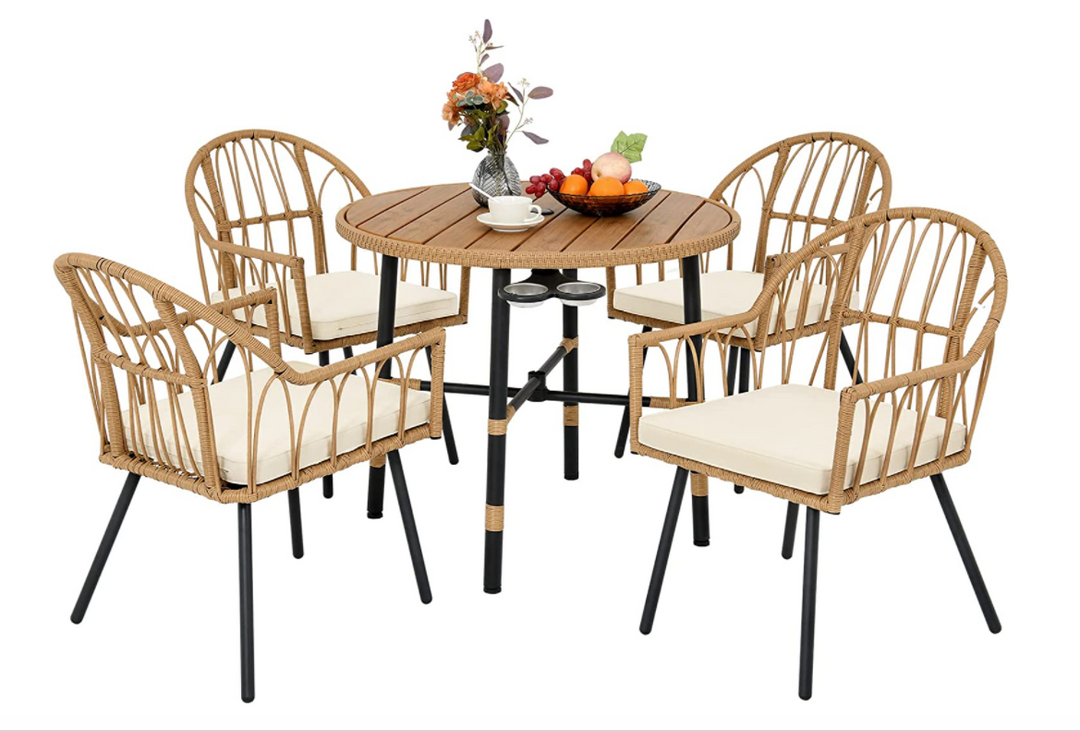 5 Piece Outdoor Patio Dining Table Set, All Weather Wicker Cutlery Set Furniture, Patio, Backyard, Balcony, Garden Sectional Conversation Rattan Cutlery Set (with Umbrella Holes