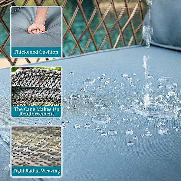 GUNJI 9 PIECE PATIO DINING TABLE SET OUTDOOR TABLE AND CHAIRS PATIO DINING TABLE SET WITH SPACE SAVING CANE CHAIR PATIO FURNITURE SET UPHOLSTERED SEATS AND BACKRESTS (BLUE)