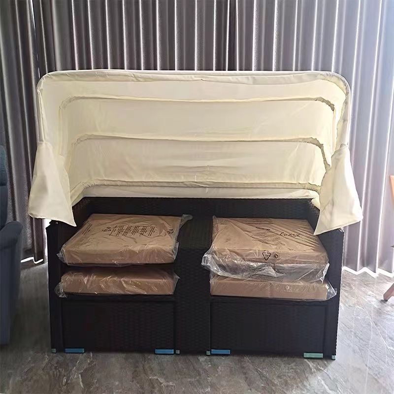 Rattan sofa outdoor sunshade double bed with canopy waterproof and sunscreen furniture