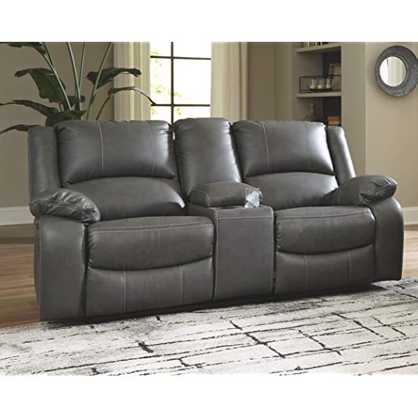 Signature Design by Ashley - Calderwell Contemporary Faux Leather Double Reclining Loveseat w/ Console - Adjustable - Gray Manual Loveseat Grey